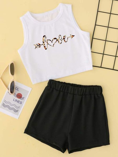 girls and letter graphic tank & shorts she, White 
girls and letter graphic tank & shorts she, White