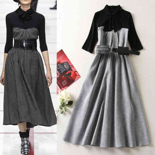 casual dresses early spring women's dress black gray contrast stitching pleated waist large hem medium length with belt
casual dresses early spring women's dress black gray contrast stitching pleated waist large hem medium length with belt