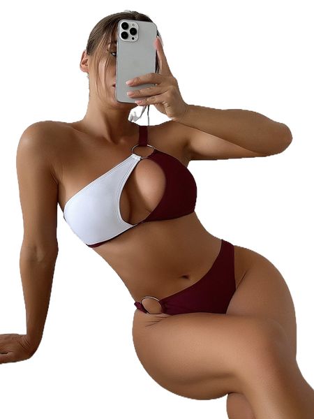 sxy two tone o-ring one shoulder bikini swimsuit j2dv#, White;black