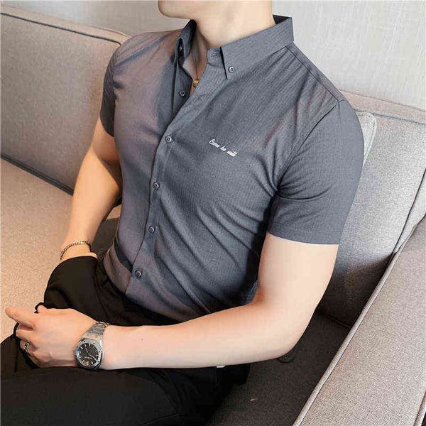 plus size 4xl- new summer simple embroidery business formal wear slim fit short sleeve striped shirts for men clothing 2022 y220411, White;black
plus size 4xl- new summer simple embroidery business formal wear slim fit short sleeve striped shirts for men clothing 2022 y220411, White;black