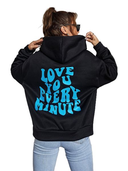 slogan graphic drop shoulder hoodie w7vj#, Black