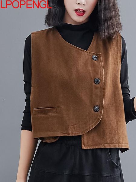 women loose vest cotton vneck sleeve button solid color casual coat spring korean style vintage simple cozy vest 220812, Black;white
women loose vest cotton vneck sleeve button solid color casual coat spring korean style vintage simple cozy vest 220812, Black;white