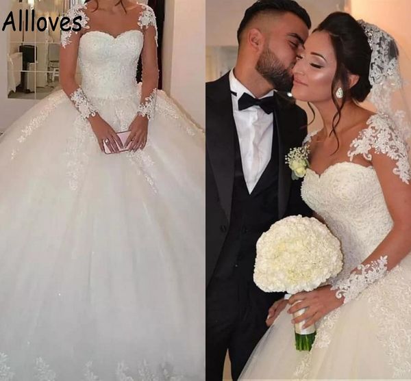 arabic aso ebi ball gown wedding dresses with long sleeves sheer neck lace appliques beaded formal church bridal gowns plus size sweep train, White
arabic aso ebi ball gown wedding dresses with long sleeves sheer neck lace appliques beaded formal church bridal gowns plus size sweep train, White