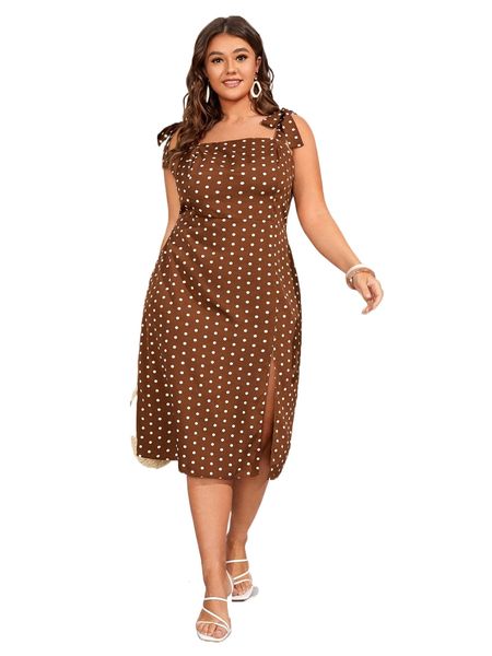 plus polka dot knot shoulder split thigh shirred dress k9aq#, Black
plus polka dot knot shoulder split thigh shirred dress k9aq#, Black