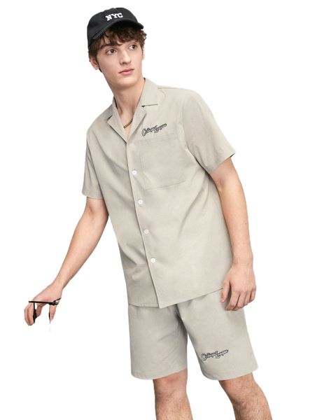 men letter embroidery patched pocket shirt & shorts e2gv#, Gray
men letter embroidery patched pocket shirt & shorts e2gv#, Gray