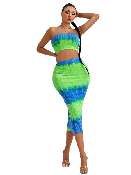 sxy tie dye crop tube & pencil skirt s9q2#, White 
sxy tie dye crop tube & pencil skirt s9q2#, White