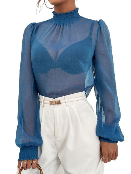 shirred frilled mock neck lantern sleeve mesh without bra t0ig#, White
shirred frilled mock neck lantern sleeve mesh without bra t0ig#, White