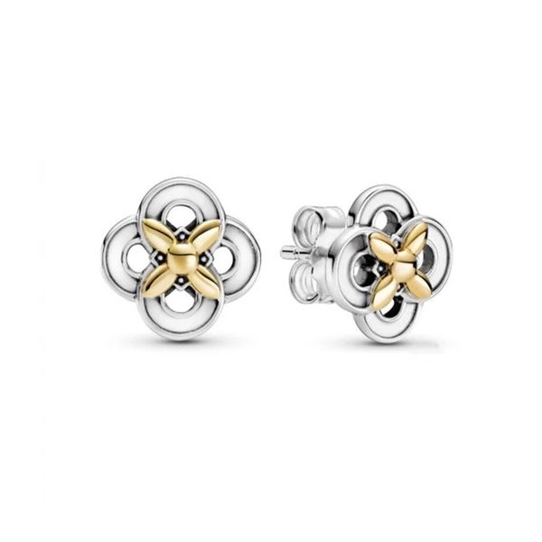 authentic 925 sterling silver flower with 14k gold plated stud earrings luxury for women girls gift earring fit pandora fashion jewelry brin, Golden;silver