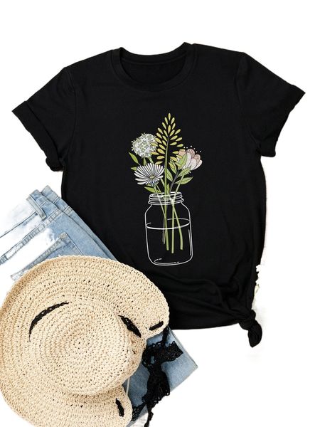 plus floral print tee s504#, Black 
plus floral print tee s504#, Black