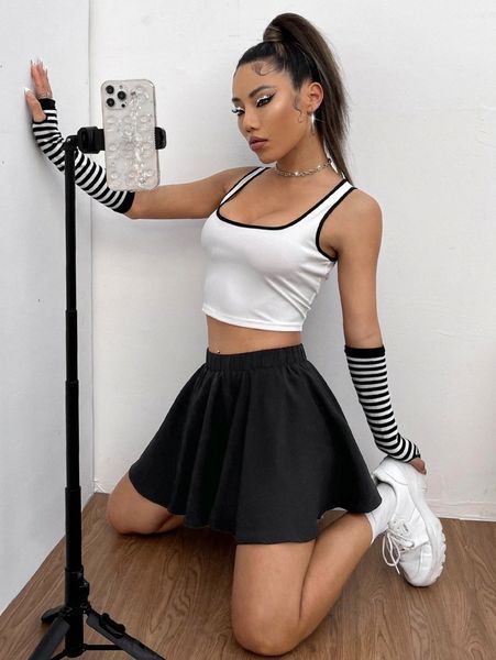 scoop neck contrast binding tank & skirt set d1c5#, White
scoop neck contrast binding tank & skirt set d1c5#, White