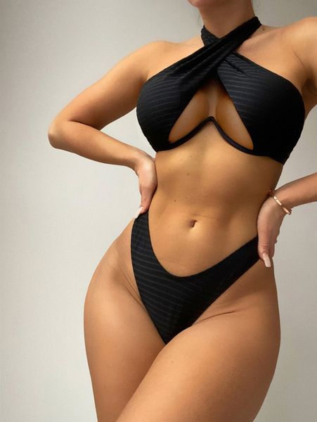 cross halter underwire high cut-out bikini swimsuit k58k#, White;black 
cross halter underwire high cut-out bikini swimsuit k58k#, White;black