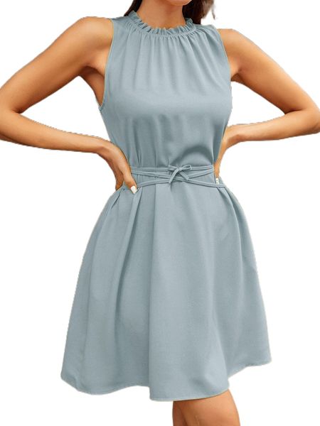 ruffle neck slant pocket belted dress w2up#, Black;gray
