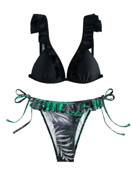 tropical print ruffle trim push up bikini swimsuit g8lx#, White;black
tropical print ruffle trim push up bikini swimsuit g8lx#, White;black