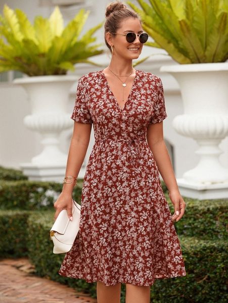 allover floral print belted dress m2nj#, Black;gray