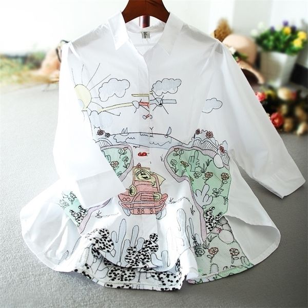 spring and summer women loose white shirt embroidered long blouse cartoon graffiti fashion y200622
spring and summer women loose white shirt embroidered long blouse cartoon graffiti fashion y200622