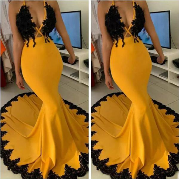 2022 designer yellow prom dresses illusion halter sleeveless black lace applique ruffles floor length custom made evening party gowns plus s
2022 designer yellow prom dresses illusion halter sleeveless black lace applique ruffles floor length custom made evening party gowns plus s