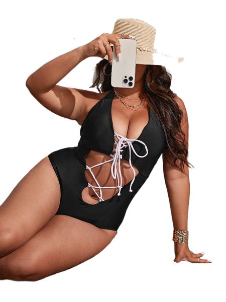 plus cut out lace up front tie backless halter one piece swimsuit j0jf#, White;black
plus cut out lace up front tie backless halter one piece swimsuit j0jf#, White;black