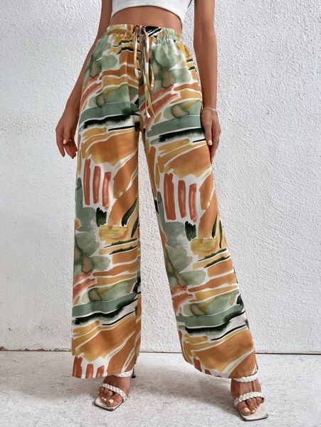 graphic print knot front pants m7iv#, Black;white