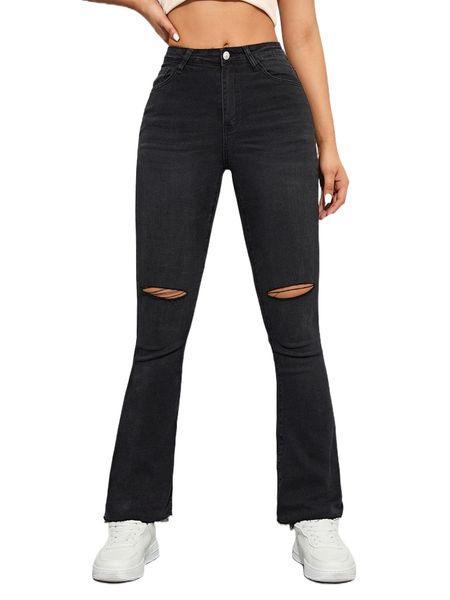 cut out raw trim bootcut leg jeans 60yy#, Blue
