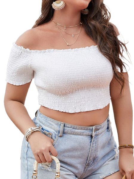 plus solid off shoulder shirred frill trim crop blouse n4lk#, Black 
plus solid off shoulder shirred frill trim crop blouse n4lk#, Black