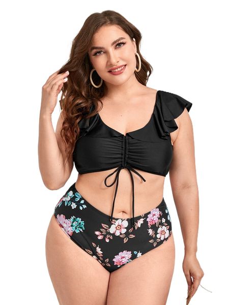 plus floral print ruffle trim drawstring bikini swimsuit t2nk#, White;black
plus floral print ruffle trim drawstring bikini swimsuit t2nk#, White;black