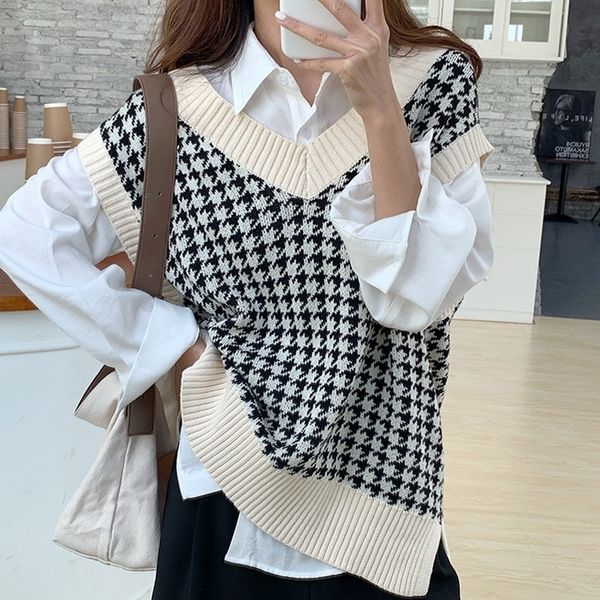 autumn and winter preppy style loose knitted sleeveless vest sweaters pullovers 73006 y201128, Black;white
autumn and winter preppy style loose knitted sleeveless vest sweaters pullovers 73006 y201128, Black;white