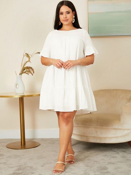 plus solid ruffle hem flounce sleeve dress u3za#, Black