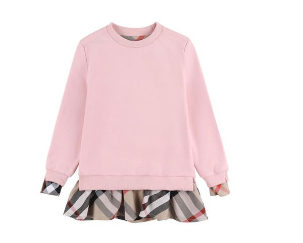 children's 2022 new girls' spring and autumn clothes round neck plaid color matching medium and long fleece pullover bottomed swea, White 
children's 2022 new girls' spring and autumn clothes round neck plaid color matching medium and long fleece pullover bottomed swea, White