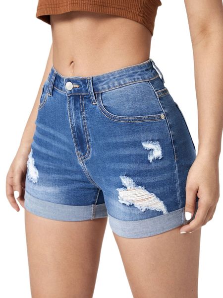 ripped roll up hem denim shorts d117#, White;black