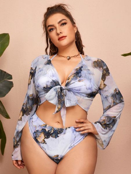 3pack plus marble print halter triangle bikini swimsuit & cover up p2jy#, White;black