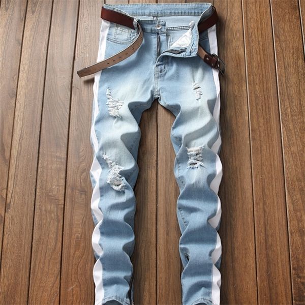 men stretch jeans side stripe biker jeans denim ripped knee holes slim supper skinny hip hop jeans men 201123, Blue
men stretch jeans side stripe biker jeans denim ripped knee holes slim supper skinny hip hop jeans men 201123, Blue