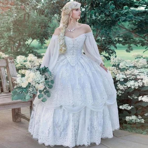 vintage medieval wedding dresses white lace-up corset off the shoulder long sleeve civile bridal gown tiere princess style victorian robe de
vintage medieval wedding dresses white lace-up corset off the shoulder long sleeve civile bridal gown tiere princess style victorian robe de