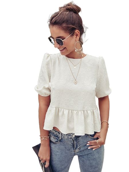 jacquard puff sleeve peplum blouse w8wh#, White
jacquard puff sleeve peplum blouse w8wh#, White