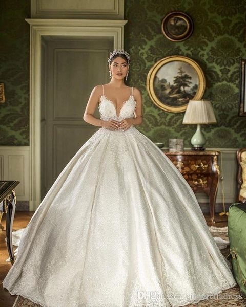 2022 vintage lace ball gown wedding dresses spaghetti straps appliqued backless court train custom made bridal gowns ba3047, White
2022 vintage lace ball gown wedding dresses spaghetti straps appliqued backless court train custom made bridal gowns ba3047, White