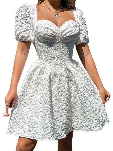 jacquard sweetheart neck puff sleeve dress m0tm#, Black;gray 
jacquard sweetheart neck puff sleeve dress m0tm#, Black;gray