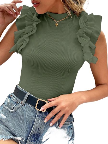 mock neck ruffle trim tee t6id#, White
mock neck ruffle trim tee t6id#, White