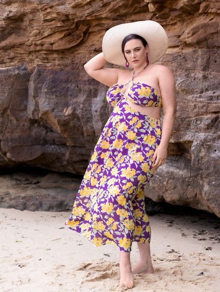 plus floral print criss cross backless dress d3oe#, Black
