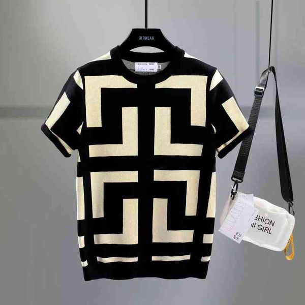 2022 summer striped sleeve slim men's women's brand silk knitwear short o-neck clothes tees casual fashion, White;black
2022 summer striped sleeve slim men's women's brand silk knitwear short o-neck clothes tees casual fashion, White;black