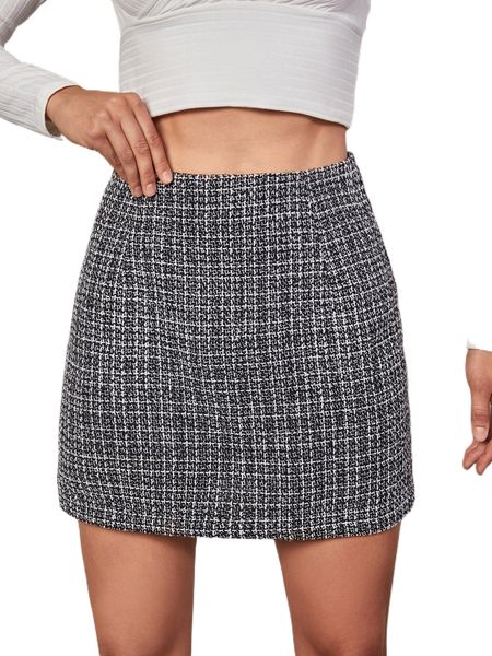 high waist plaid tweed skirt u9qm#, Black