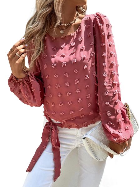 swiss dot knot side bishop sleeve blouse 42ti#, White