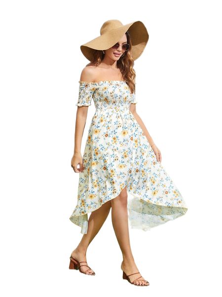 1pc allover floral print shirred off shoulder wrap hem dress j120#, Black;gray
1pc allover floral print shirred off shoulder wrap hem dress j120#, Black;gray