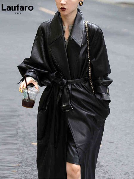 lautaro spring autumn oversized long black soft pu leather trench coat for women belt double breasted luxury korean fashion 2022 l220728
lautaro spring autumn oversized long black soft pu leather trench coat for women belt double breasted luxury korean fashion 2022 l220728