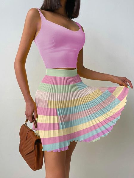 set woman 2 pieces summer new printed slim high waist dress set camisole and pleated skirtset of holiday party club women dress 0621, Black 
set woman 2 pieces summer new printed slim high waist dress set camisole and pleated skirtset of holiday party club women dress 0621, Black