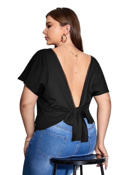 plus backless knot dolman sleeve tee d20x#, Black