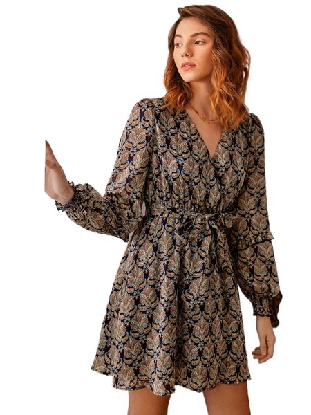 surplice neck paisley print belted dress r19f#, Black;gray 
surplice neck paisley print belted dress r19f#, Black;gray