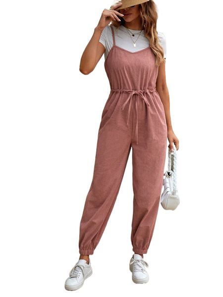 solid drawstring waist cami jumpsuit without tee l3s0#, Black;white 
solid drawstring waist cami jumpsuit without tee l3s0#, Black;white