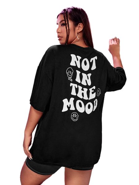 plus expression & slogan graphic drop shoulder tee 76td#, Black