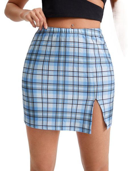 plaid split hem mini skirt 48zg#, Black 
plaid split hem mini skirt 48zg#, Black