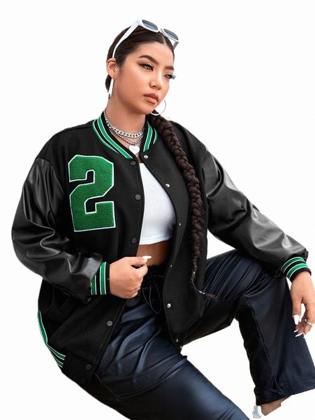 plus letter graphic drop shoulder bomber jacket 02is#, Black 
plus letter graphic drop shoulder bomber jacket 02is#, Black