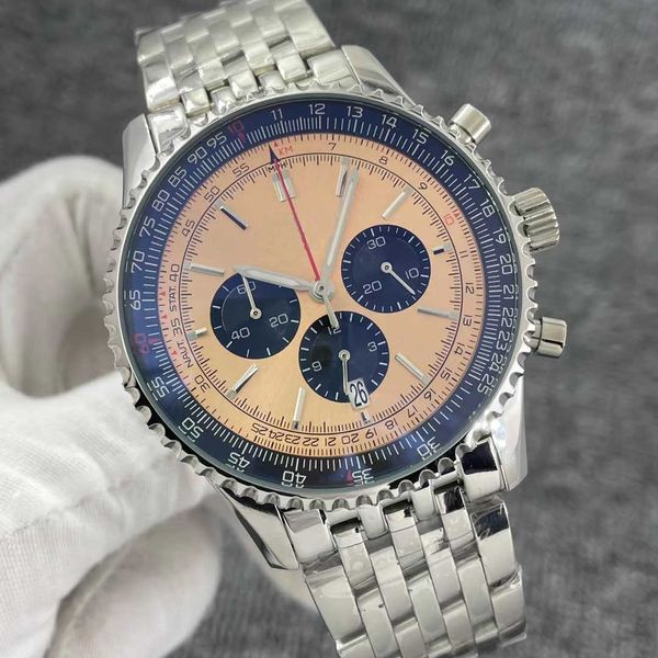 46mm quality b01 navitimer watch chronograph quartz movement steel copper dial 50th anniversary men watch stainless strap mens wristwatches, Slivery;brown
46mm quality b01 navitimer watch chronograph quartz movement steel copper dial 50th anniversary men watch stainless strap mens wristwatches, Slivery;brown